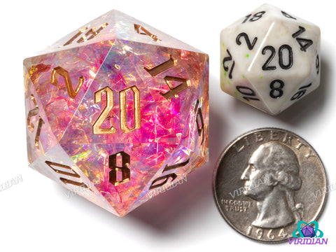 Divine Halo V2 (D20) | Sharp Edged, Translucent Pink-White, Gold Foil, Glitter, Holographic Film, 33mm | Large Resin D20 Die (1) (Copy)