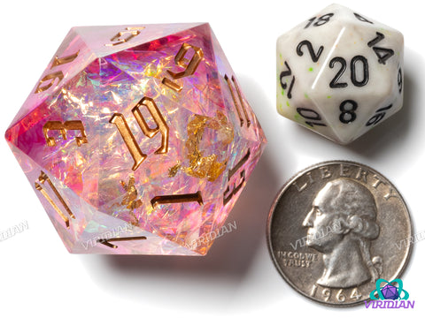 Divine Halo V2 (D20) | Sharp Edged, Translucent Pink-White, Gold Foil, Glitter, Holographic Film, 33mm | Large Resin D20 Die (1) (Copy)