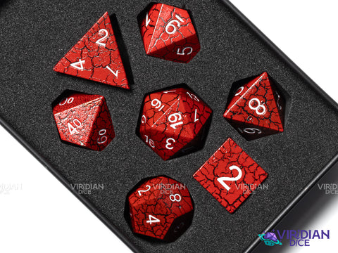 Red Cracked | Lightning Pattern, Black, White Ink | Metal Polyhedral Dice (7)
