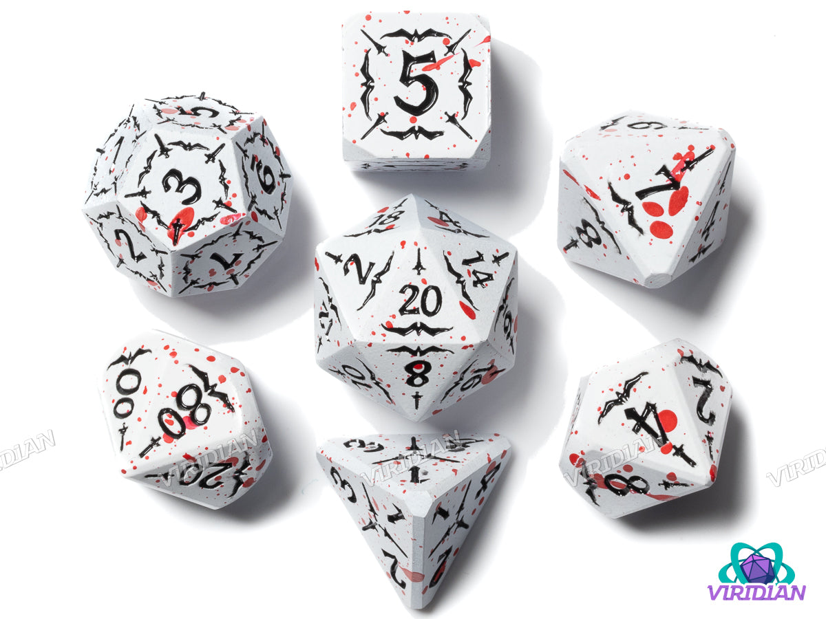 Assassin | White Blood Splattered, Ornate Sword & Dagger | Metal Polyhedral Dice (7)