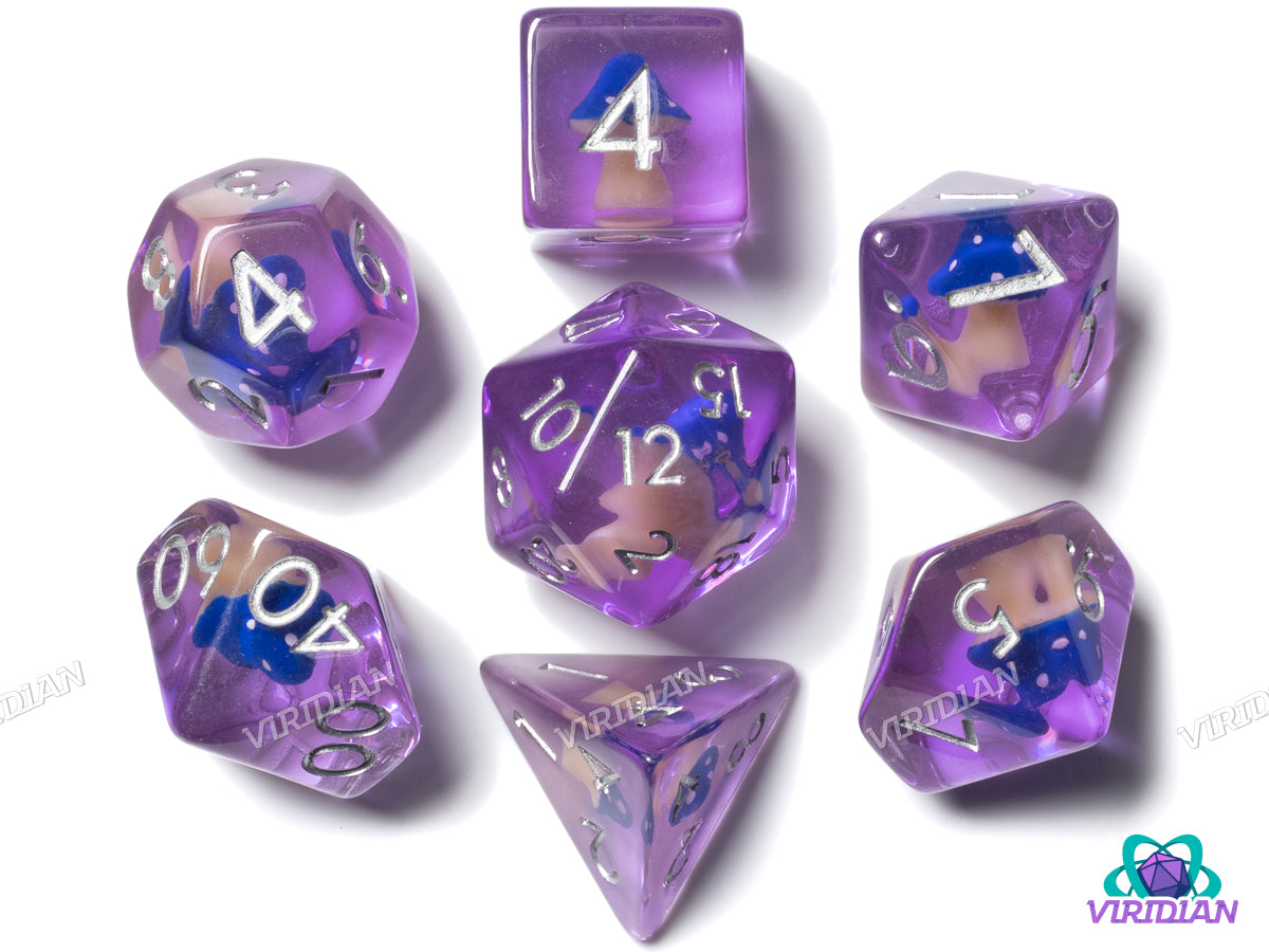 Dark Blue Mushroom | Blue, Translucent, Purple & Cream Tan | Resin Polyhedral Dice (7)