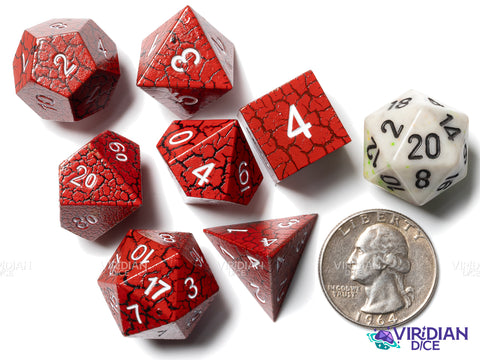 Red Cracked | Lightning Pattern, Black, White Ink | Metal Polyhedral Dice (7)