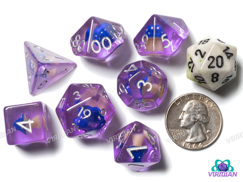 Dark Blue Mushroom | Blue, Translucent, Purple & Cream Tan | Resin Polyhedral Dice (7)