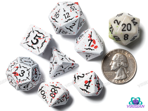 Assassin | White Blood Splattered, Ornate Sword & Dagger | Metal Polyhedral Dice (7)