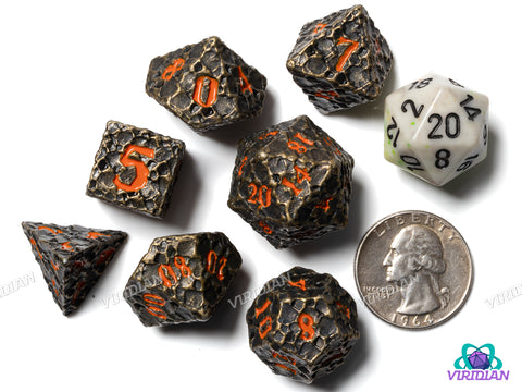 Forbidden World V2 | Cratered Design | Bronze, Brown Distressed Asteroid-Style, Red-Orange Ink | Metal Dice Set (7)