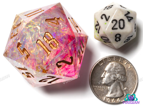 Divine Halo V2 (D20) | Sharp Edged, Translucent Pink-White, Gold Foil, Glitter, Holographic Film, 33mm | Large Resin D20 Die (1) (Copy)