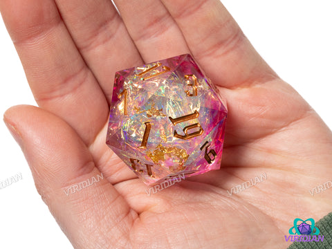 Divine Halo V2 (D20) | Sharp Edged, Translucent Pink-White, Gold Foil, Glitter, Holographic Film, 33mm | Large Resin D20 Die (1) (Copy)