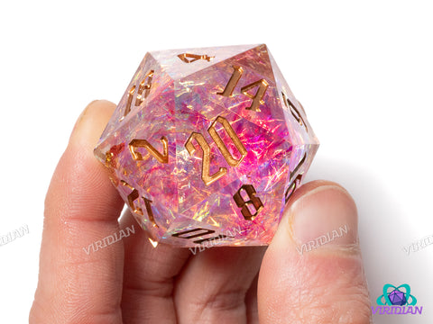 Divine Halo V2 (D20) | Sharp Edged, Translucent Pink-White, Gold Foil, Glitter, Holographic Film, 33mm | Large Resin D20 Die (1) (Copy)