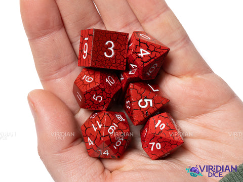 Red Cracked | Lightning Pattern, Black, White Ink | Metal Polyhedral Dice (7)