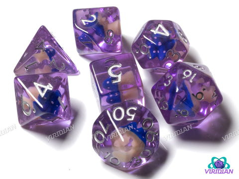 Dark Blue Mushroom | Blue, Translucent, Purple & Cream Tan | Resin Polyhedral Dice (7)