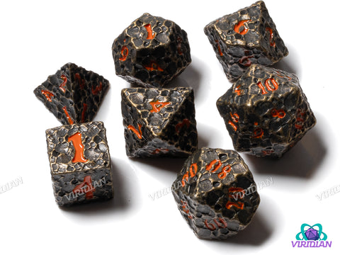 Forbidden World V2 | Cratered Design | Bronze, Brown Distressed Asteroid-Style, Red-Orange Ink | Metal Dice Set (7)
