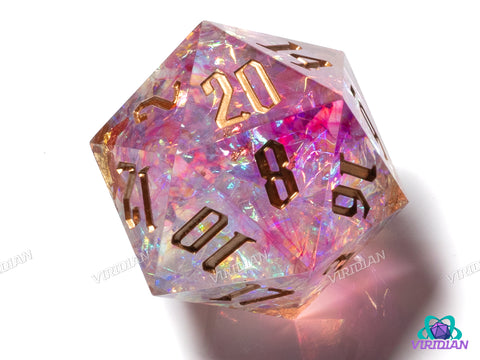 Divine Halo V2 (D20) | Sharp Edged, Translucent Pink-White, Gold Foil, Glitter, Holographic Film, 33mm | Large Resin D20 Die (1) (Copy)