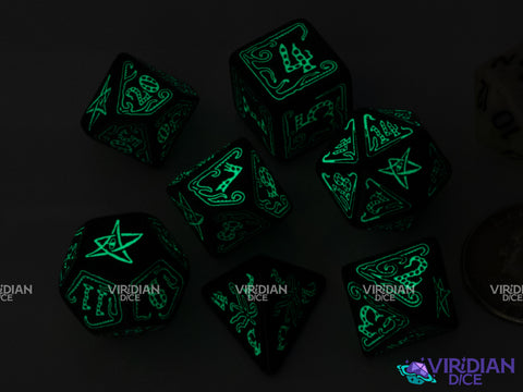 Call of Cthulhu: Black & Glow-In-The-Dark Dice Set (7) | Acrylic Polyhedral Dice (7)