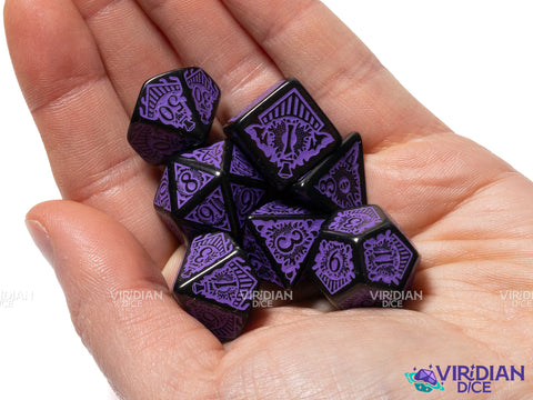 COC: Horror on the Orient Express (Purple/Black) | Call of Cthulhu | Acrylic Polyhedral Dice Set (7)