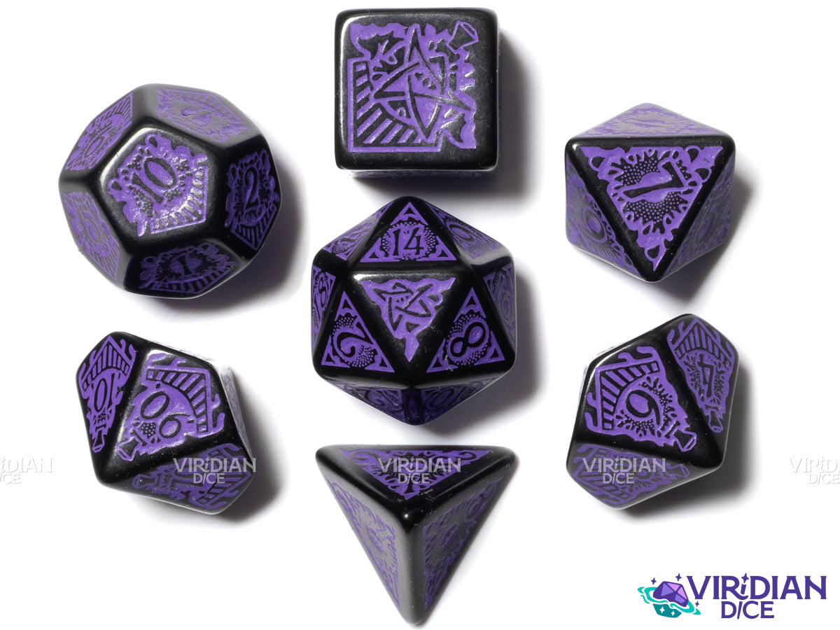 COC: Horror on the Orient Express (Purple/Black) | Call of Cthulhu | Acrylic Polyhedral Dice Set (7)