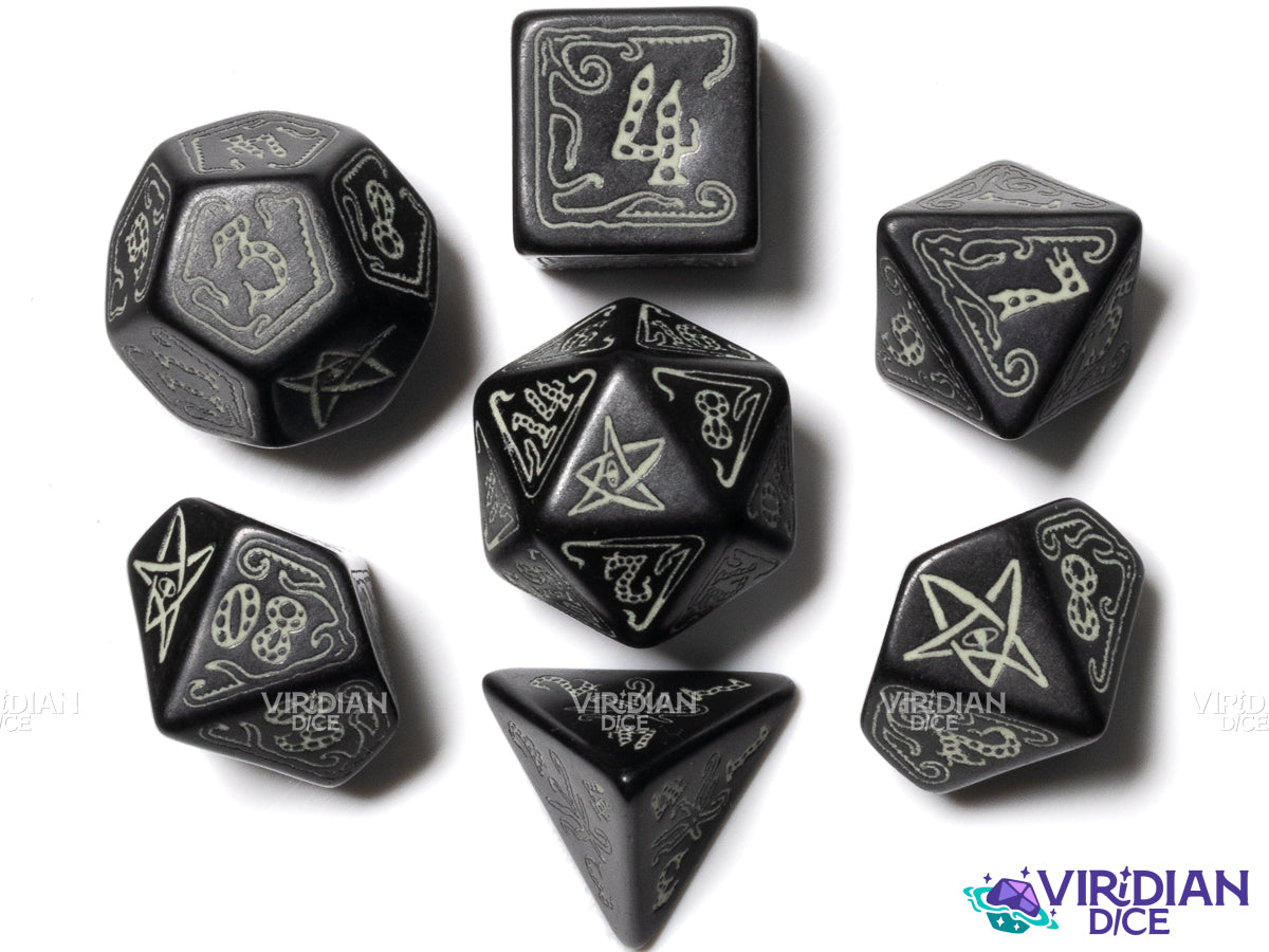 Call of Cthulhu: Black & Glow-In-The-Dark Dice Set (7) | Acrylic Polyhedral Dice (7)