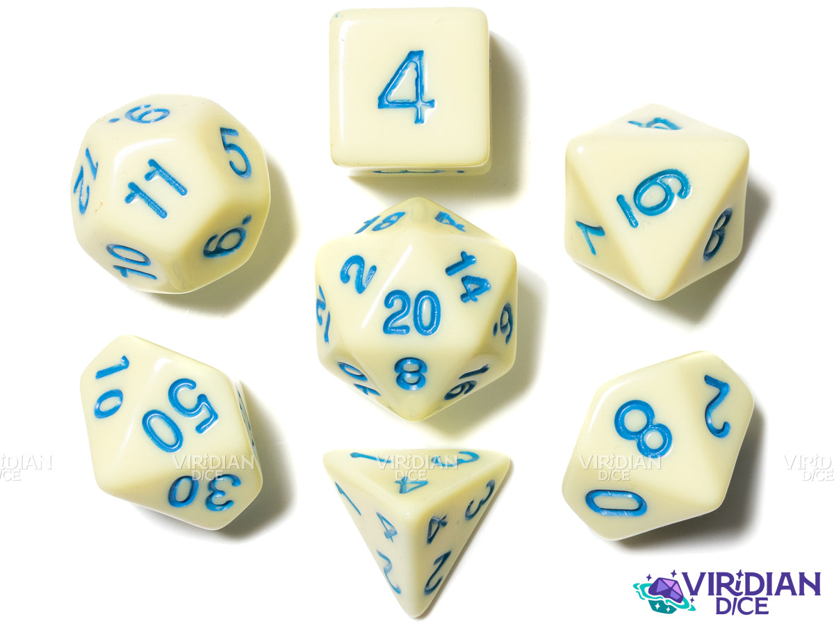 Yellow Pastel Acrylic Dice Set (7) with Blue Numbers for DnD