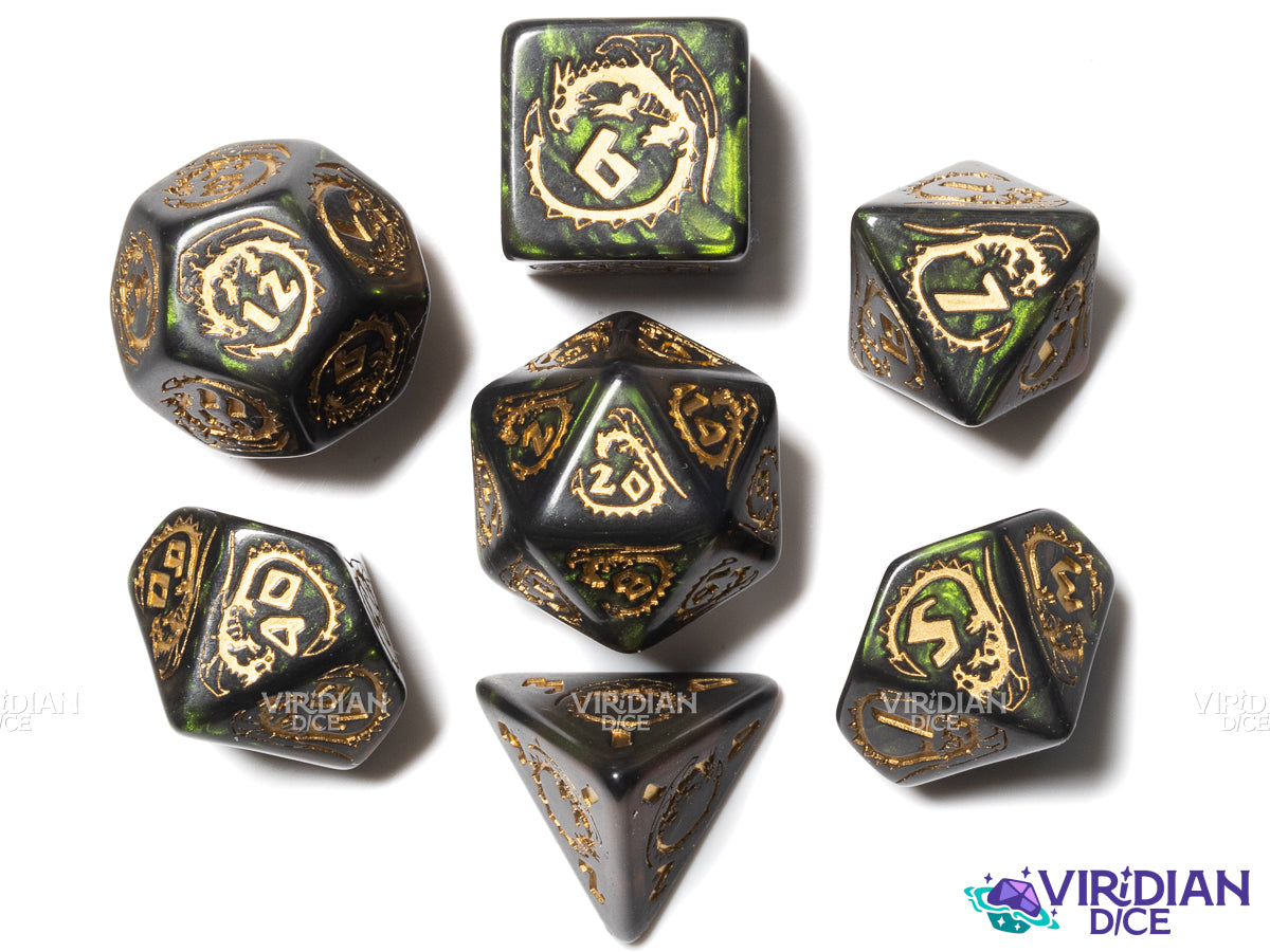 Dragons Dice Set: Nephrite | Green & Gold Dice Set (7) | Q Workshop
