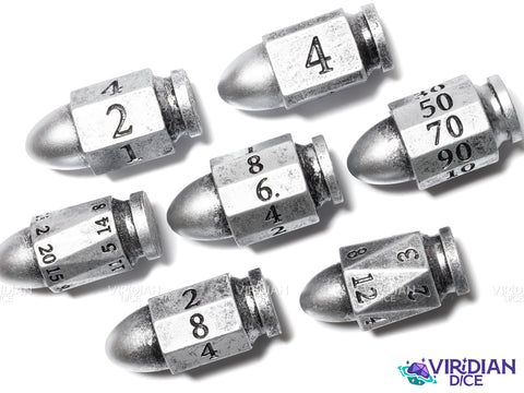 Pew Pew Pew (Silver) | Plastic Bullet-Shaped Western-Themed RPG Dice | Resin Dice Set (7)