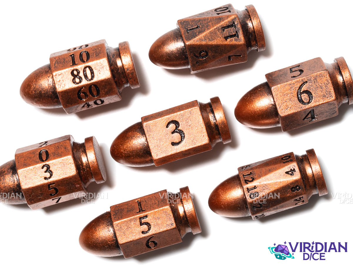 Pew Pew Pew (Copper) | Plastic Bullet-Shaped Western-Themed RPG Dice | Resin Dice Set (7)