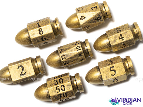 Pew Pew Pew (Golden) | Plastic Bullet-Shaped Western-Themed RPG Dice | Resin Dice Set (7)