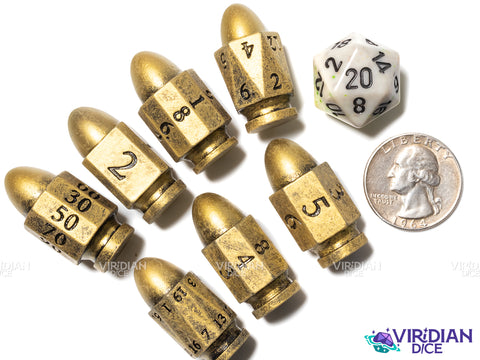 Pew Pew Pew (Golden) | Plastic Bullet-Shaped Western-Themed RPG Dice | Resin Dice Set (7)