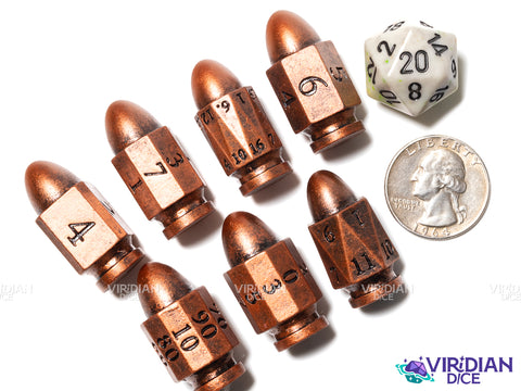 Pew Pew Pew (Copper) | Plastic Bullet-Shaped Western-Themed RPG Dice | Resin Dice Set (7)