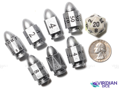 Pew Pew Pew (Silver) | Plastic Bullet-Shaped Western-Themed RPG Dice | Resin Dice Set (7)