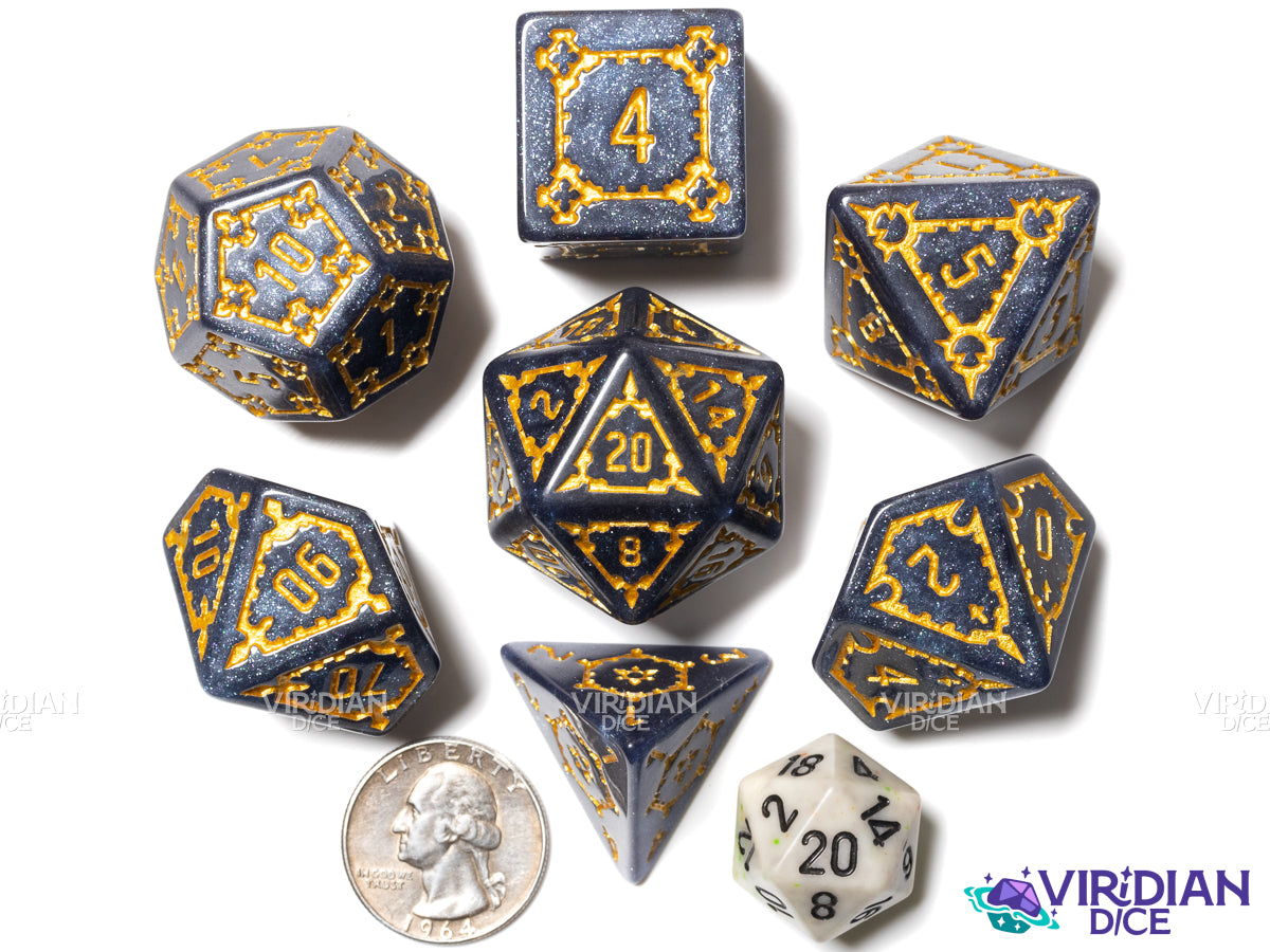 Midnight Citadel | Giant Castle, Dark-Grey Black, Gold Ink, White Glitter | Resin Dice Set (7)