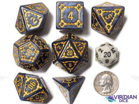 Midnight Citadel | Giant Castle, Dark-Grey Black, Gold Ink, White Glitter | Resin Dice Set (7)
