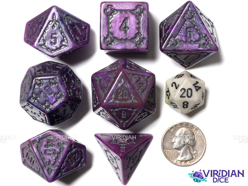 Purple Cathedral | Giant Shimmery Purple with Dark Grey Ink | Resin Dice Set