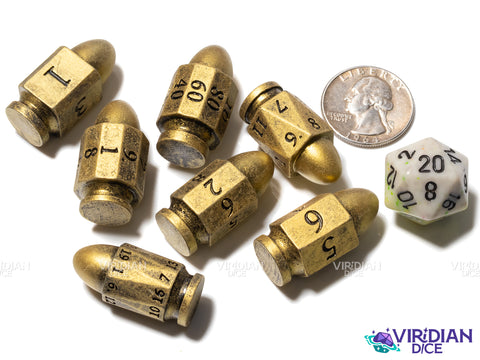 Pew Pew Pew (Golden) | Plastic Bullet-Shaped Western-Themed RPG Dice | Resin Dice Set (7)