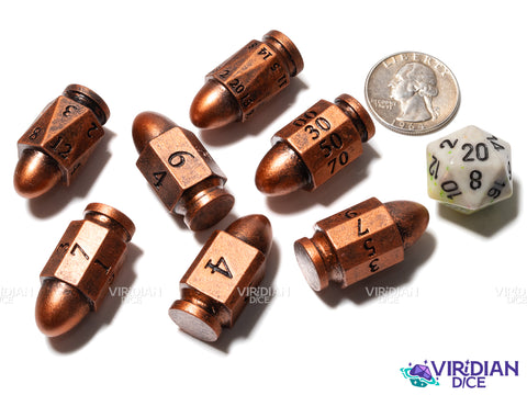 Pew Pew Pew (Copper) | Plastic Bullet-Shaped Western-Themed RPG Dice | Resin Dice Set (7)