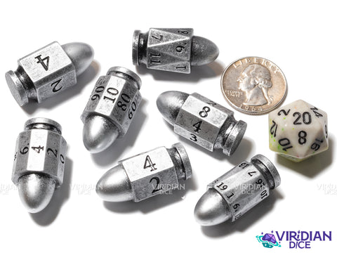 Pew Pew Pew (Silver) | Plastic Bullet-Shaped Western-Themed RPG Dice | Resin Dice Set (7)