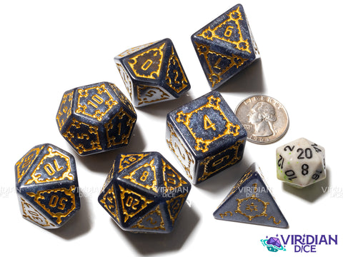 Midnight Citadel | Giant Castle, Dark-Grey Black, Gold Ink, White Glitter | Resin Dice Set (7)
