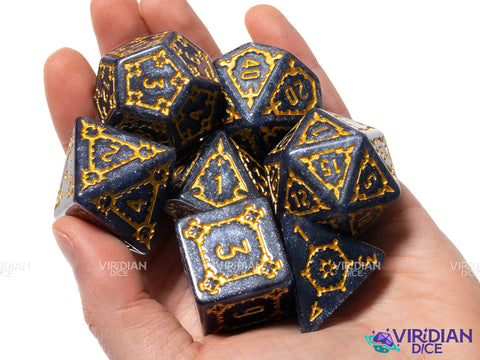 Midnight Citadel | Giant Castle, Dark-Grey Black, Gold Ink, White Glitter | Resin Dice Set (7)
