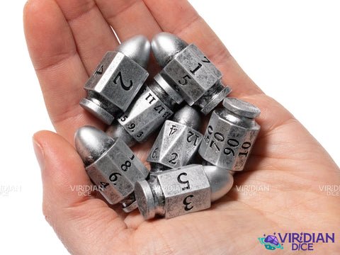 Pew Pew Pew (Silver) | Plastic Bullet-Shaped Western-Themed RPG Dice | Resin Dice Set (7)