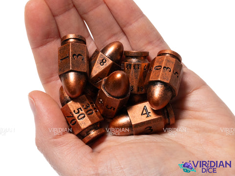 Pew Pew Pew (Copper) | Plastic Bullet-Shaped Western-Themed RPG Dice | Resin Dice Set (7)