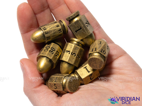 Pew Pew Pew (Golden) | Plastic Bullet-Shaped Western-Themed RPG Dice | Resin Dice Set (7)
