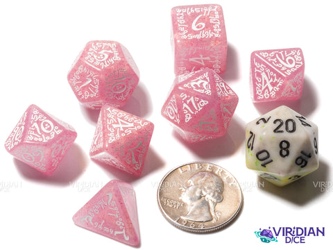 Elvish (Glittery Pink & White) | Elven Script, Dice Set (7) | Q Workshop