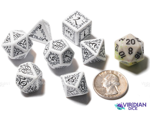 Elvish (White & black) | Acrylic Polyhedral Dice (7)