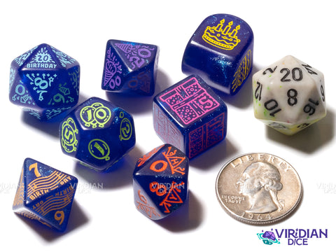 Happy Birthday Dice Set: Streamers | Acrylic Polyhedral Dice (7)