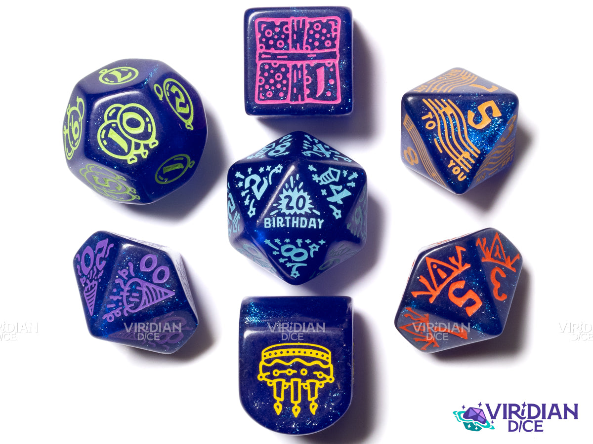 Happy Birthday Dice Set: Streamers | Acrylic Polyhedral Dice (7)