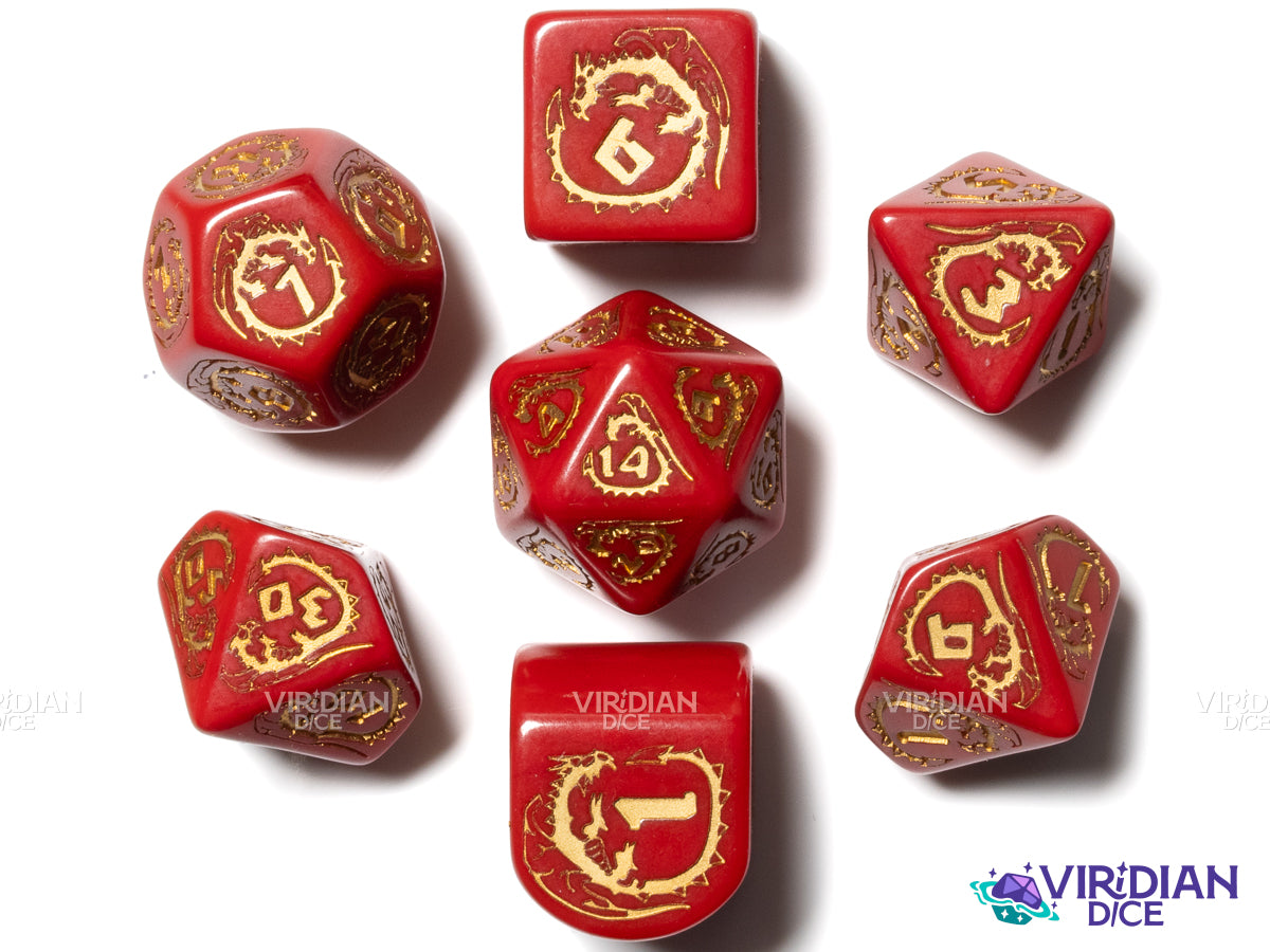 Dragons Modern Dice Set (Red & Gold) | Acrylic Polyhedral Dice (7)