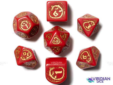 Dragons Modern Dice Set (Red & Gold) | Acrylic Polyhedral Dice (7)