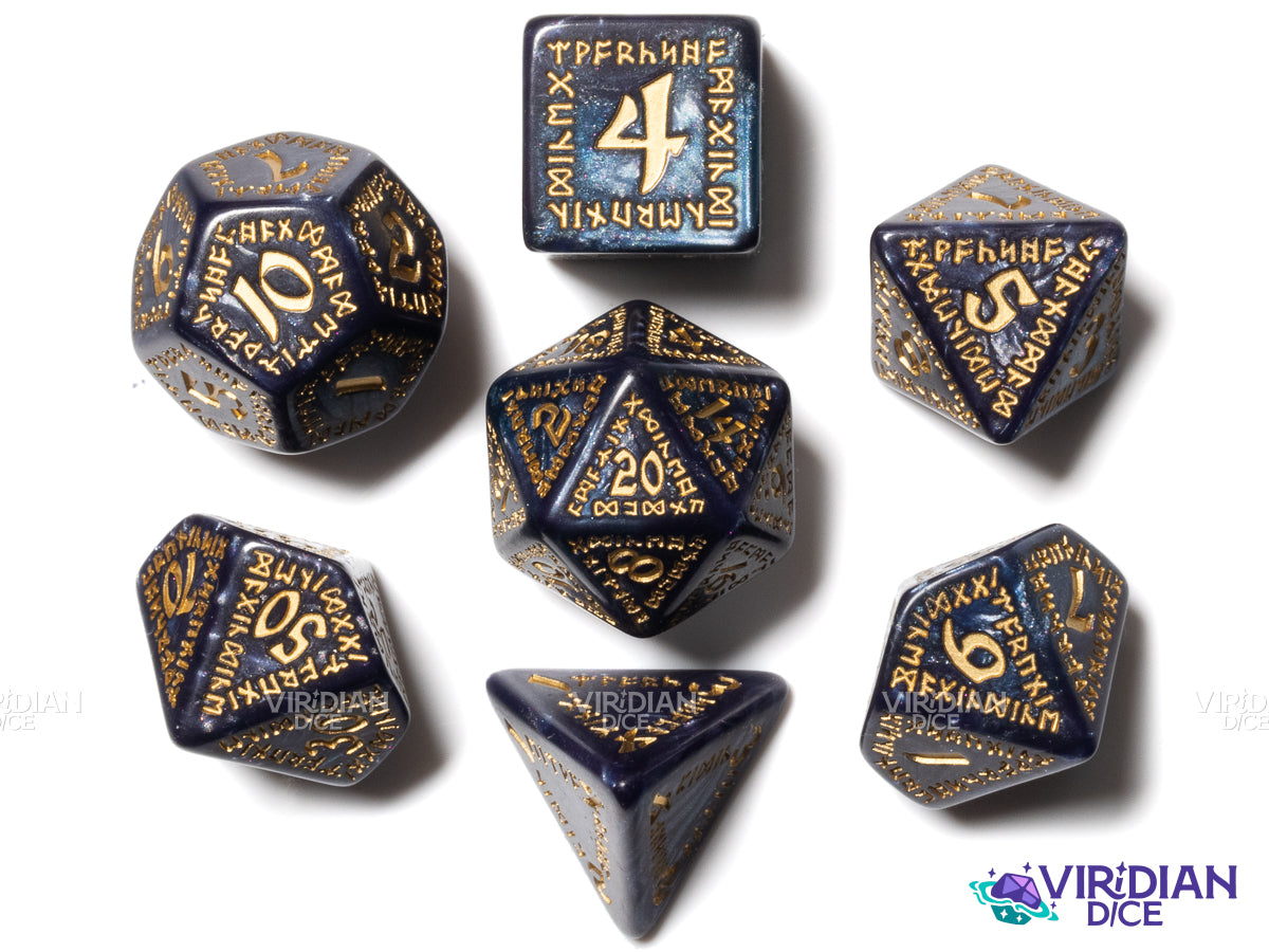 Runic Mixed-Blue & Gold | Acrylic Polyhedral Dice Set (7)