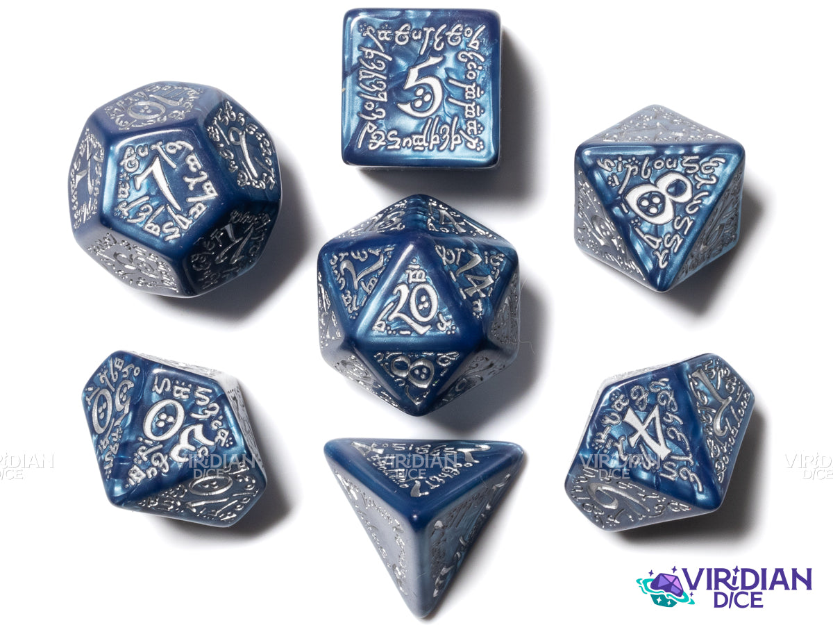 Elvish Dice Set (Cobalt & Silver) | Acrylic Polyhedral Dice (7)