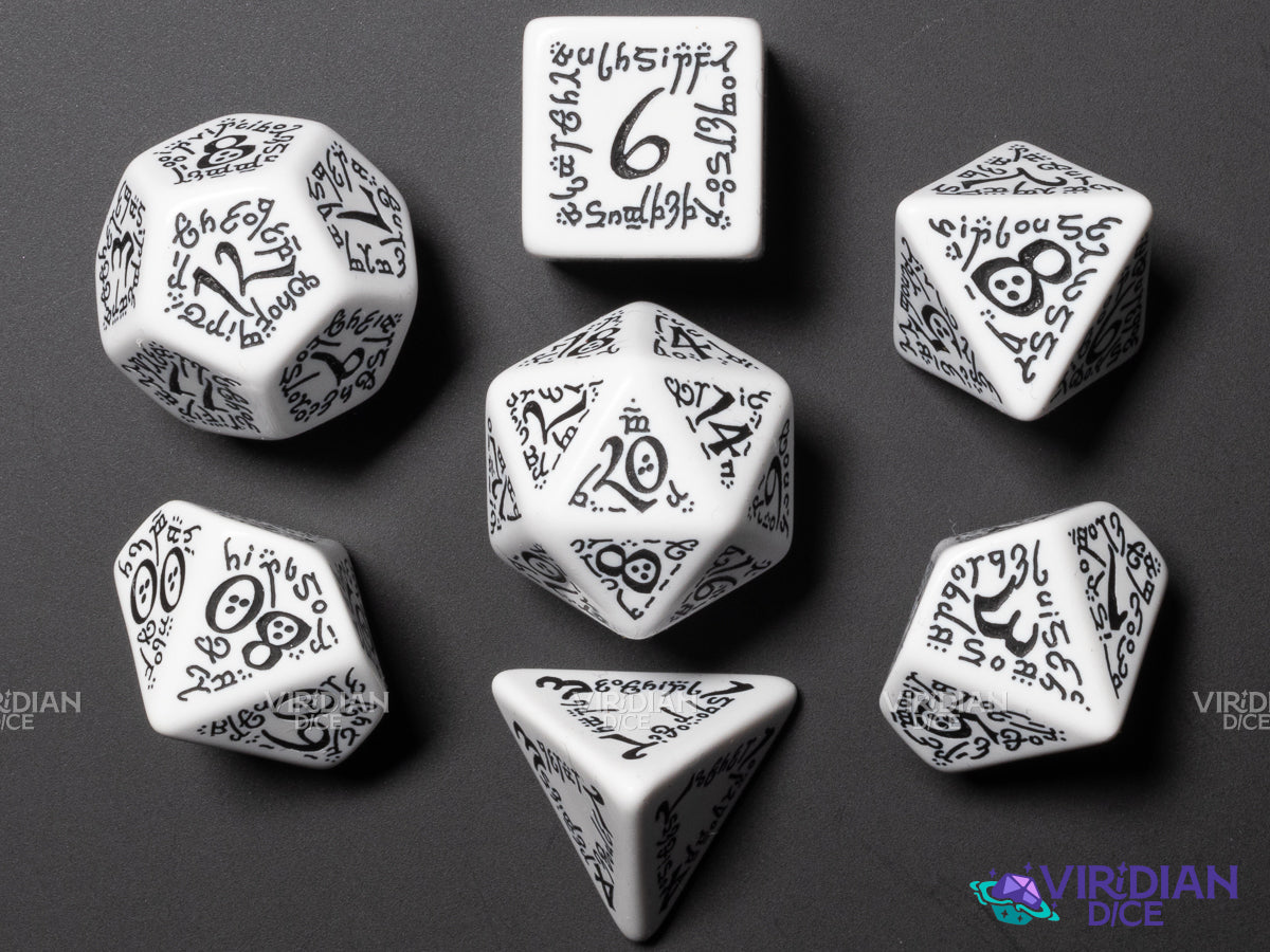 Elvish (White & black) | Acrylic Polyhedral Dice (7)