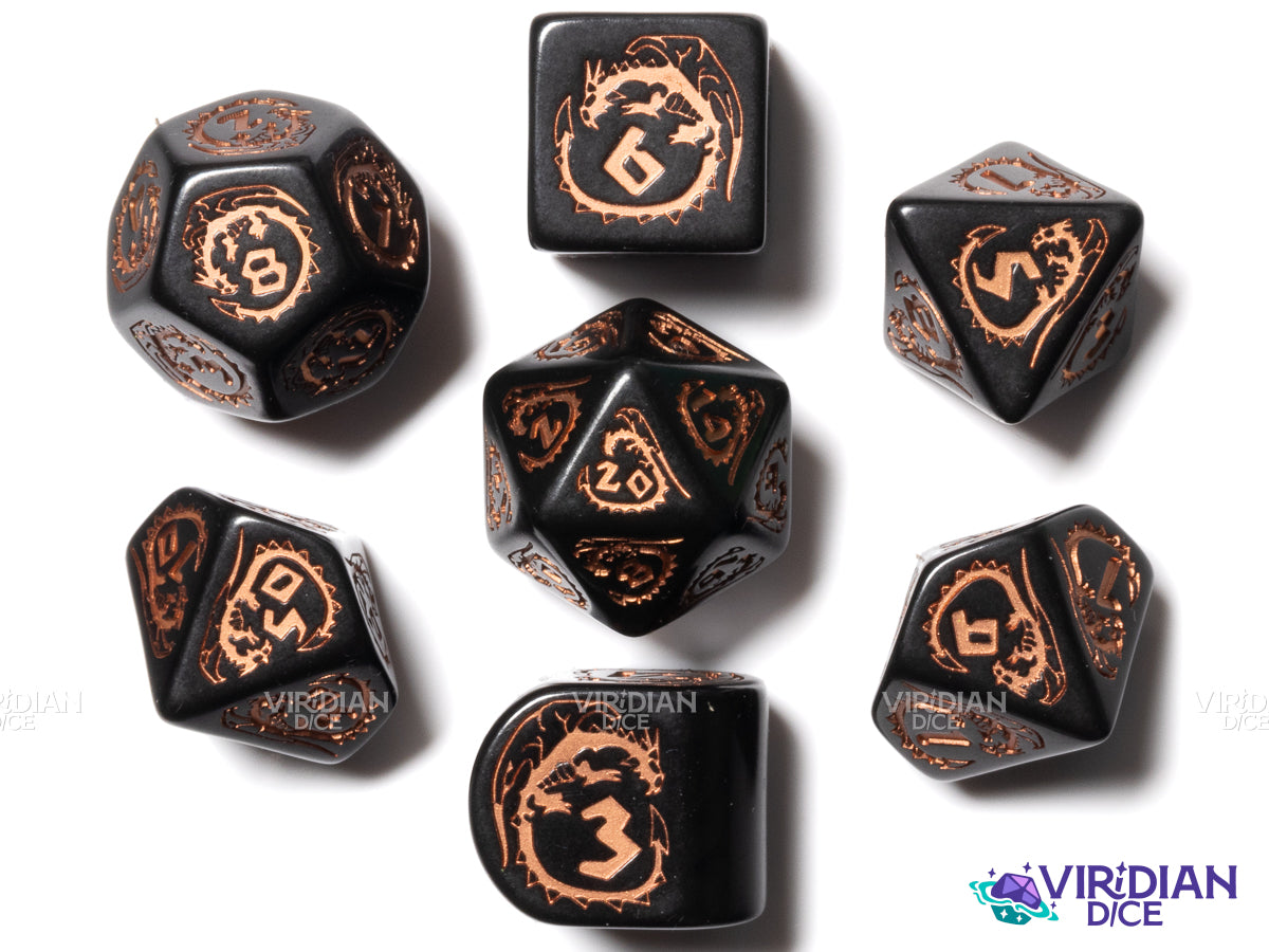 Dragons: Obsidian | Black & Copper, Modern D4 | Q Workshop | Acrylic Dice Set (7)