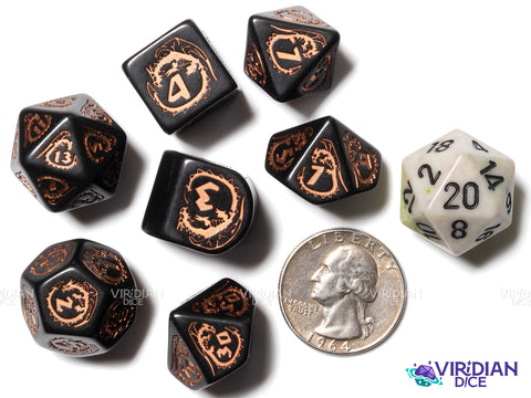Dragons: Obsidian | Black & Copper, Modern D4 | Q Workshop | Acrylic Dice Set (7)